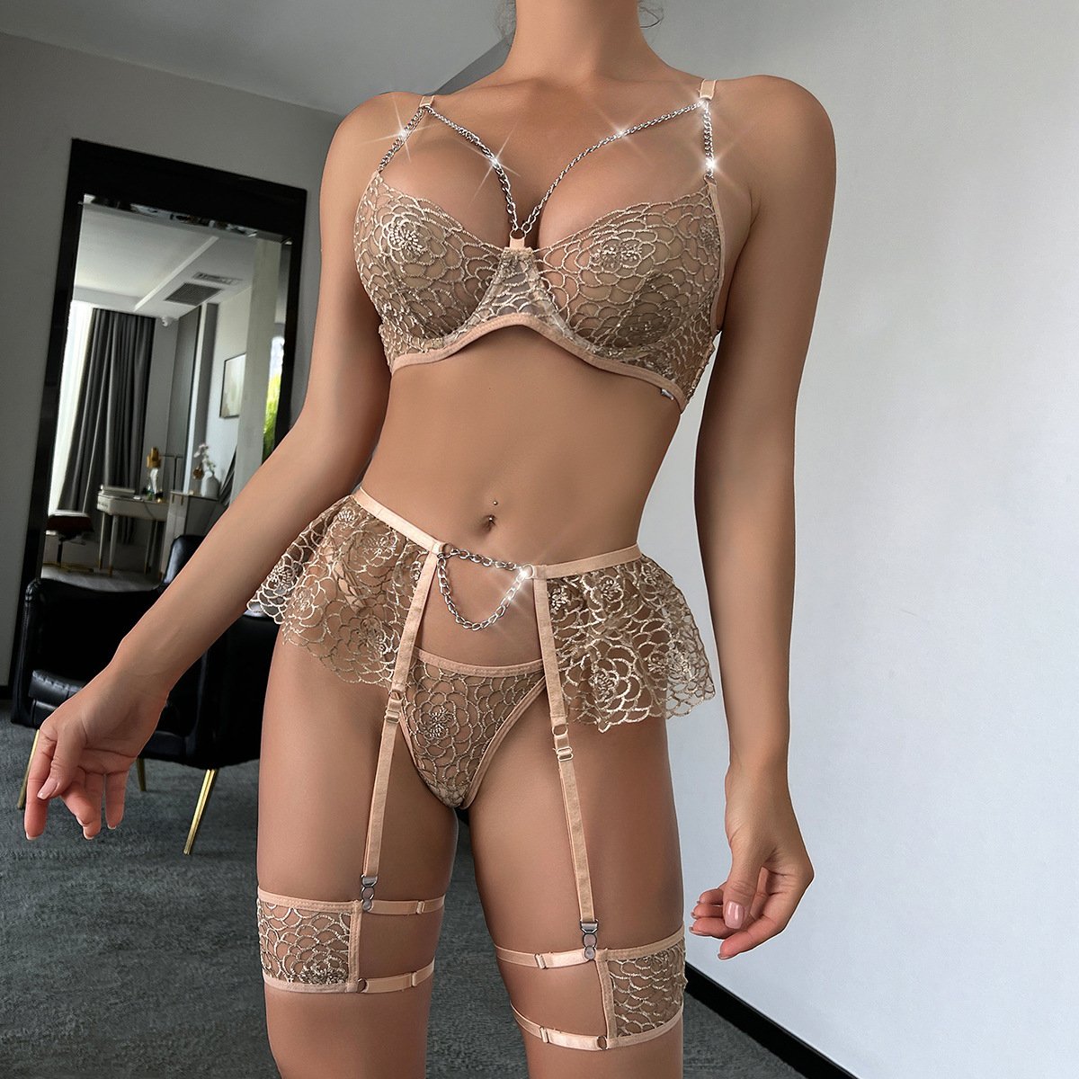 Wholesale Fancy Bra Panty Set in Beige Mesh with Embroidery